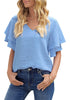 Frontal view of model wearing Sky Blue Layered Flutter Sleeves Wide V-Neck Top