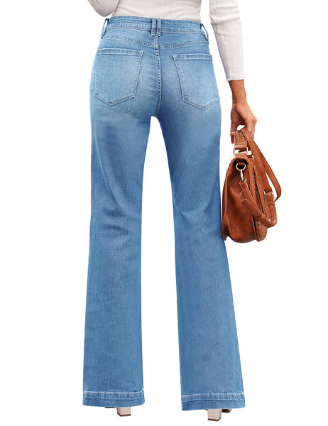Back view of model wearing light blue mid-waist stretchable straight leg denim jeans