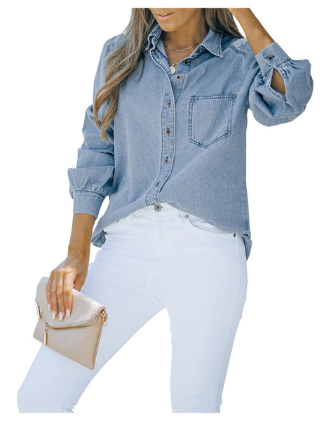 Front view of model wearing light blue puff sleeves button-down top