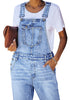 Closeup shot of model wearing blue straight cut distressed denim jeans overall