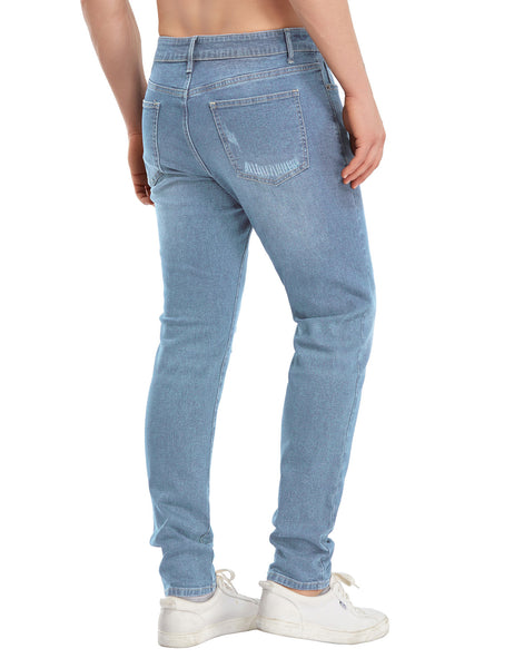 Light Blue Mid-Waist Ripped Knee Men's Denim Jeans