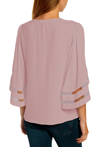 Cradle Pink Women's V Neck Shirt Printed Top 3/4 Bell Sleeve Mesh Panel Blouse