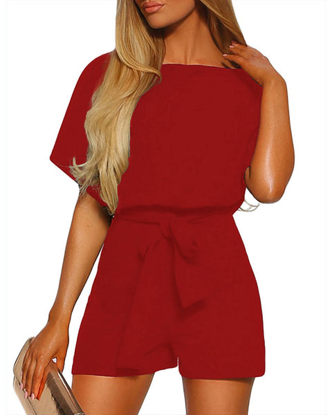 True Red Womens Summer Belted Romper Keyhole Back Short Sleeve Jumpsuit Playsuit