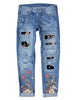 3D image of blue flower-print patch ripped rolled hem denim boyfriend jeans