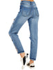 Back view of model wearing blue flower-print patch ripped rolled hem denim boyfriend jeans