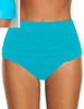 Model wearing sky blue high waist ruched swim bottom