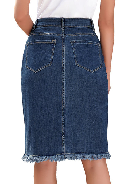 Back view of model wearing deep blue frayed hem button-down midi denim skirt