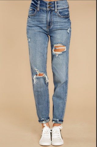Light Blue Double-Button Distressed Denim Jeans