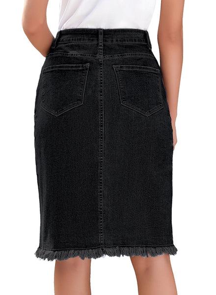 Back view of model wearing black frayed hem button-down midi denim skirt