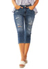 Front view of model wearing blue below knee cropped skinny denim jeans