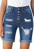 Front view of model wearing deep blue high-waist button-up rolled hem ripped bermuda shorts