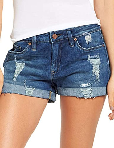 Women's High Waisted Rolled Hem Distressed Jeans Ripped Denim Shorts