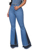 Front view of model wearing dark blue stretchy frayed hem flared denim jeans