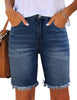 Front view of model wearing frayed hem fitted bermuda shorts - blue