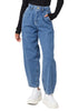 Front view of model wearing blue high-waist loose denim mom jeans