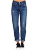 Front view model wearing Deep Blue Rolled Hem Distressed Casual Denim Boyfriend Jeans 