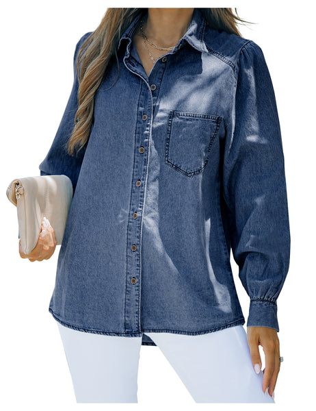 Model wearing blue puff sleeves button-down top