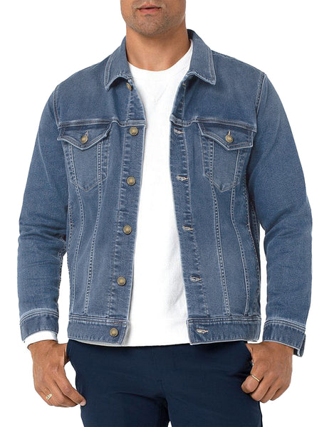 Front view of model wearing medium blue men's basic button down denim jacket