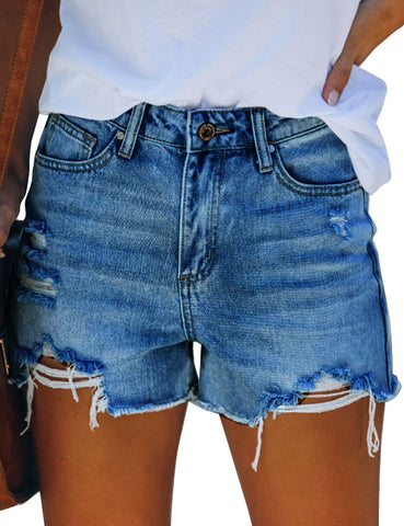 Deep Blue High Waist Ruched Hem Distressed Denim Shorts