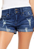 Front view of model wearing blue roll-over hem double button distressed denim shorts