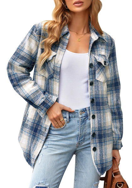 Navy Plaid Long Sleeves Button Down Jacket