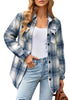 Front view of model wearing navy plaid long sleeves button down jacket