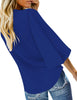 Back view of model wearing royal blue tie-dye V-neckline button-up tie-front top
