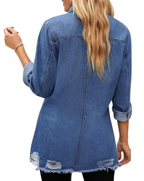 Back view of model wearing blue frayed hem distressed button-down denim jacket