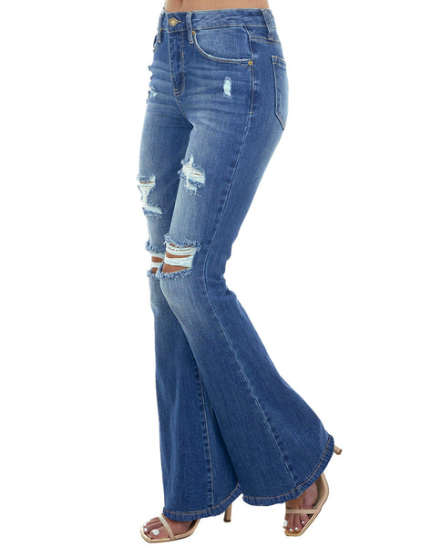 Blue High-Waist Distressed Flared Denim Jeans | Lookbook Store