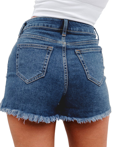 Deep Blue High-Waist Frayed Raw Hem Ripped Denim Shorts