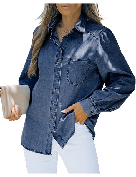 Posing model wearing blue puff sleeves button-down top