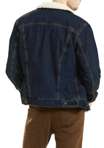 Men's Deep Blue Fleece Lapel Button Down Denim Jacket