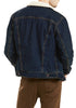 Back angled view of model wearing Men's Deep Blue Fleece Lapel Button Down Denim Jacket
