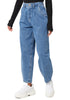Model poses wearing blue high-waist loose denim mom jeans