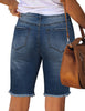 Back view of model wearing frayed hem fitted bermuda shorts - blue