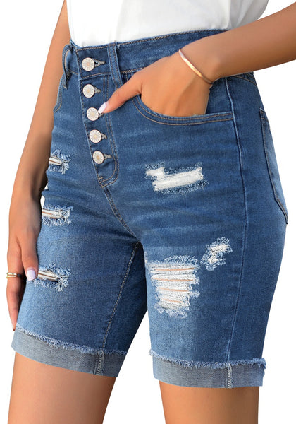 Side view of model wearing deep blue high-waist button-up rolled hem ripped bermuda shorts