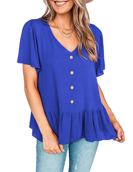 Front view of model waring royal blue V-neckline buttons loose peplum top