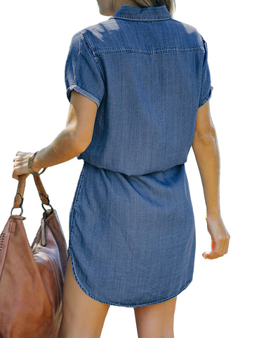 Classic Blue Elastic Waist Curved Hem Button Down Denim Shirt Dress