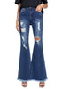 Front view of model wearing Deep Blue Ripped-Waist Rise Flared Denim Jeans