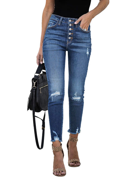 Blue High-Waist Button-Up Raw Hem Ripped Cropped Jeans