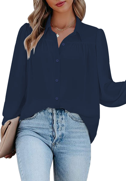 Model poses wearing navy blue lantern sleeves button-down pleated chiffon top