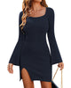 Womens Sweater Dress Bodycon Square Neck Slit Short Dresses Bell Long Sleeve Knit Sexy Outfit