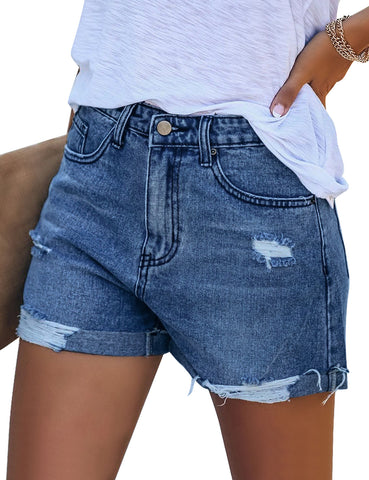 Women's High Waisted Rolled Hem Distressed Jeans Ripped Denim Shorts