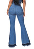 Back view of model wearing dark blue stretchy frayed hem flared denim jeans
