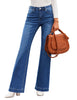 Front view of model poses wearing blue mid-waist stretchable straight leg denim jeans