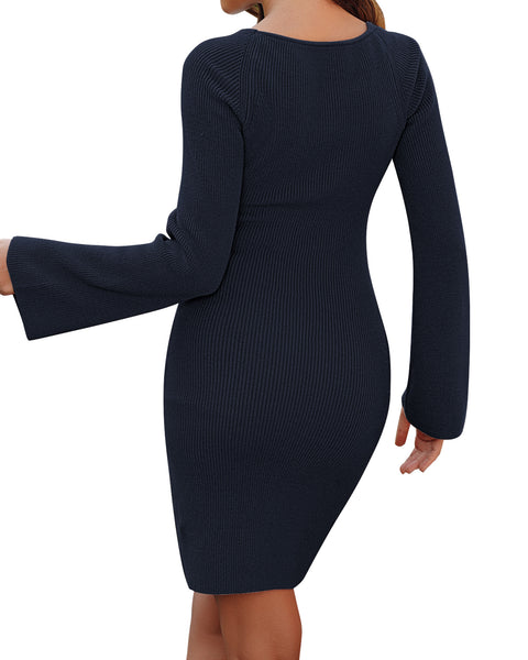 Womens Sweater Dress Bodycon Square Neck Slit Short Dresses Bell Long Sleeve Knit Sexy Outfit