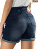 Back view of model wearing dark blue rolled hem slim fit denim shorts
