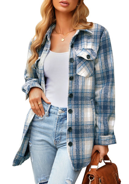 Posing model wearing navy plaid long sleeves button down jacket
