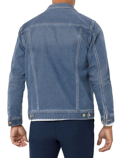 Back view of model wearing medium blue men's basic button down denim jacket