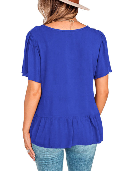 Back view of model wearing royal blue V-neckline buttons loose peplum top